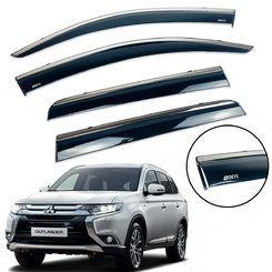 Дефлекторы окон (ветровики) для Mitsubishi Outlander 2012-2020 с нерж. хром полоской накладные