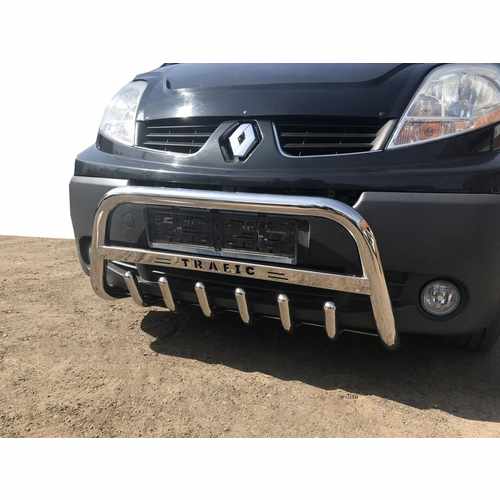 Кенгурятник WT003-4 (нерж.) З написом для Renault Trafic 2001-2015 .