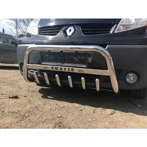 Кенгурятник WT003-4 (нерж.) З написом для Renault Trafic 2001-2015 .